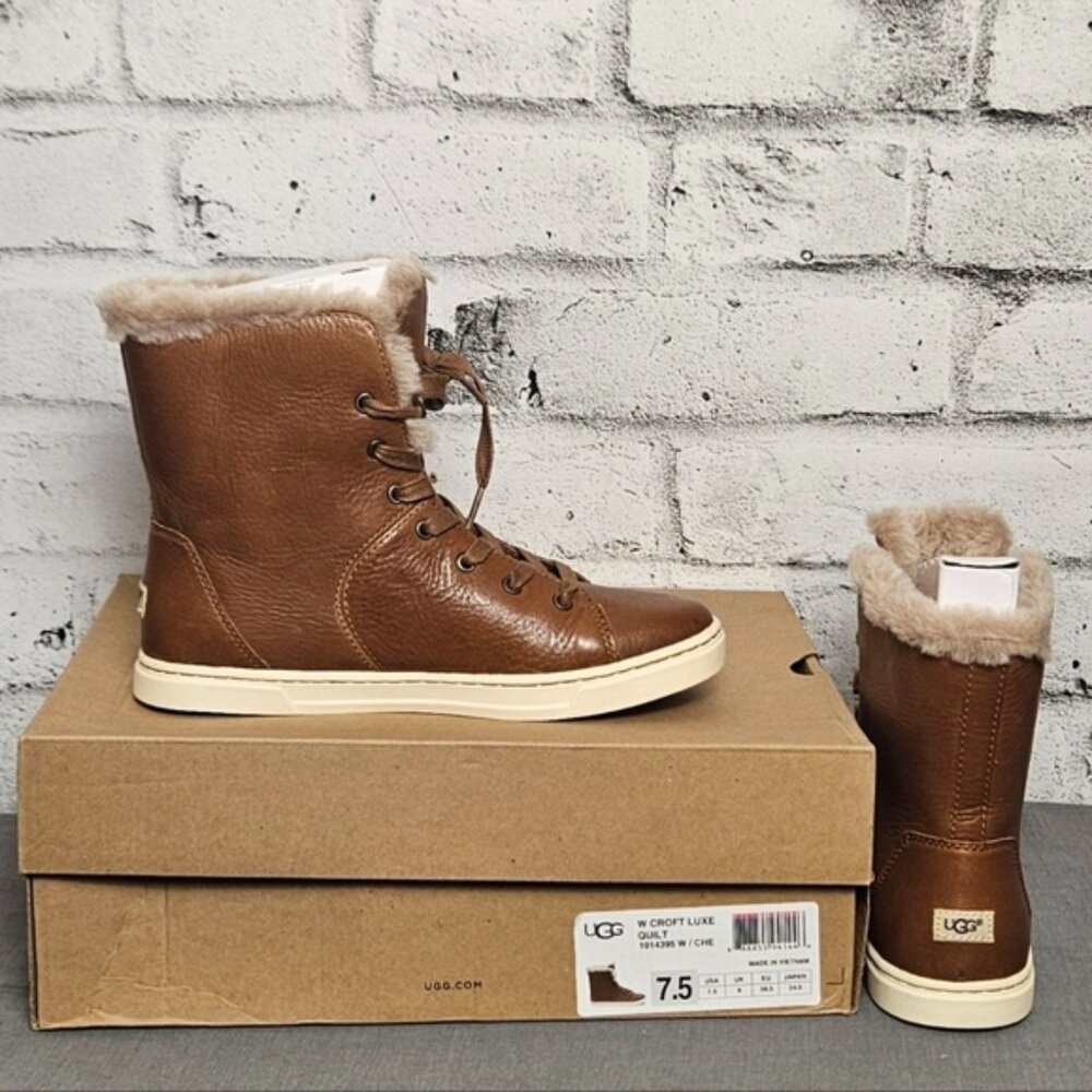 UGG Croft Luxe Quilt Leather Lace Up Shearling Boots Chestnut Brown Women 7.5 - Picture 1 of 12